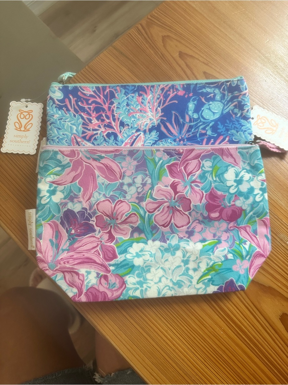 Set of 2 pouches Simply Southern Floral Cosmetic Pouch in Blue, Pink & Aqua